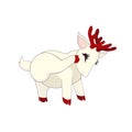 Adorable white deer with red hoofs and antlers is scratching on white isolated background, lined vector illustration in Cartoon st